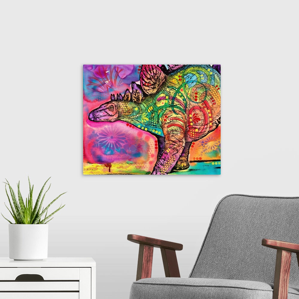 A modern room featuring Colorful painting of a Stegosaurus with abstract markings.