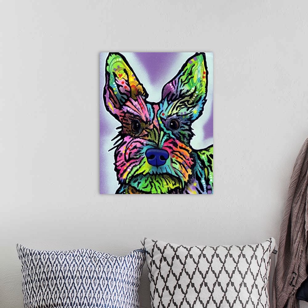 A bohemian room featuring Painting of a colorful dog with abstract markings on a purple background with a light blue spray ...