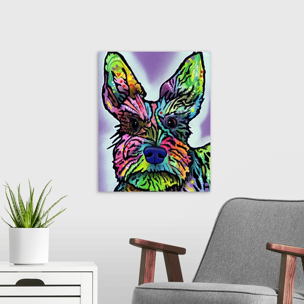 A modern room featuring Painting of a colorful dog with abstract markings on a purple background with a light blue spray ...