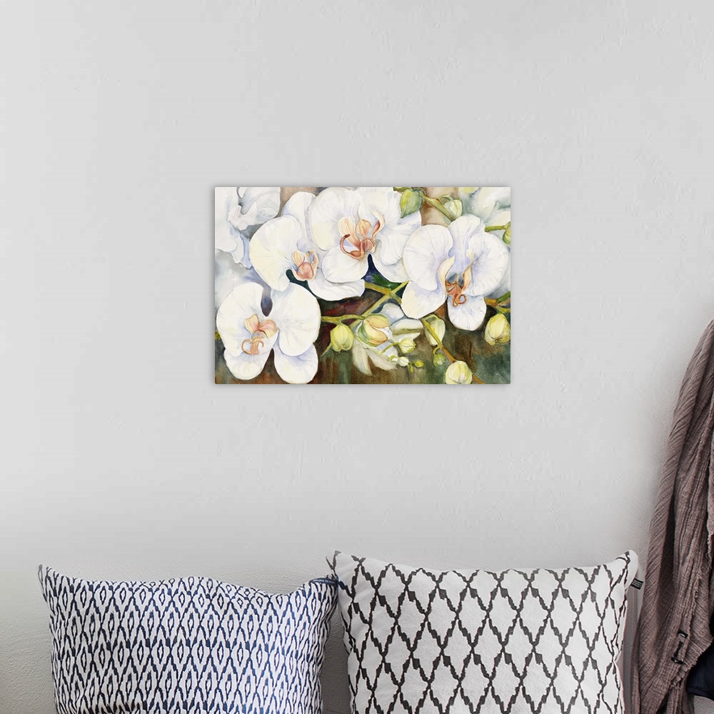 A bohemian room featuring Colorful contemporary painting of white orchids.