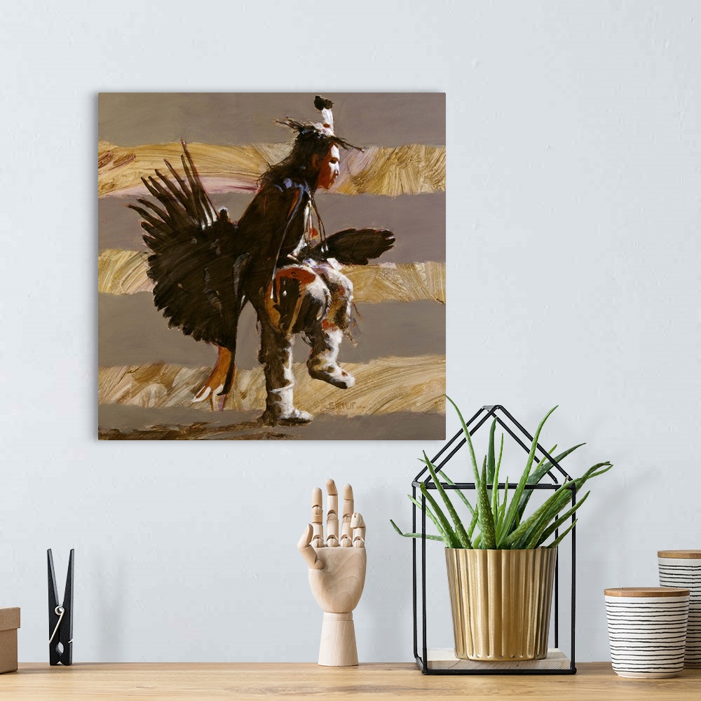 A bohemian room featuring Contemporary western theme painting of a native american in traditional ceremonial dress.