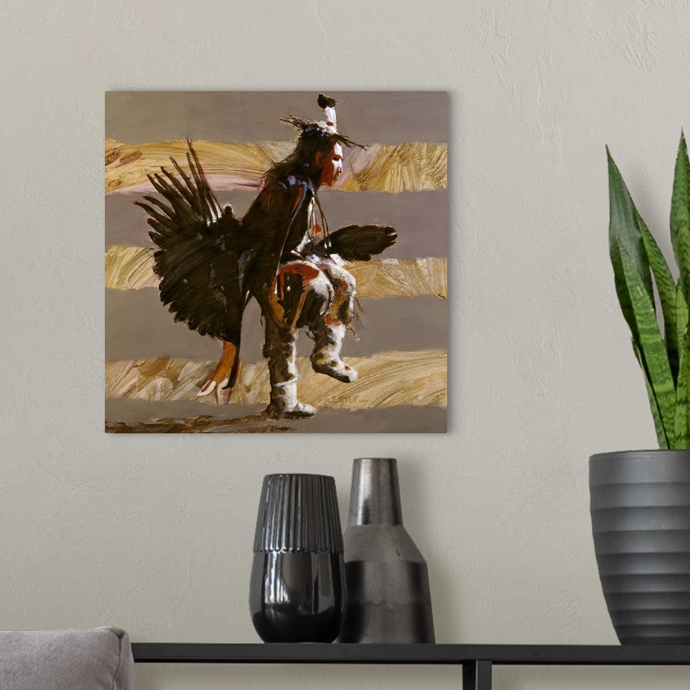 A modern room featuring Contemporary western theme painting of a native american in traditional ceremonial dress.