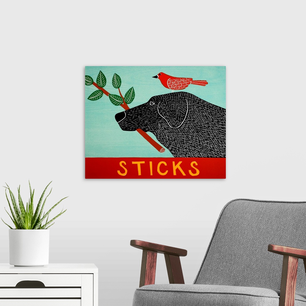 A modern room featuring Illustration of a black lab with a red bird standing on its head and a leafy stick in its mouth.