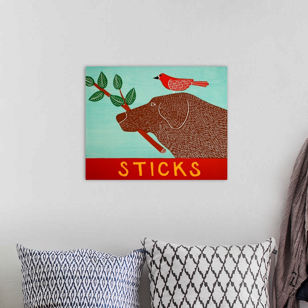 A bohemian room featuring Illustration of a chocolate lab with a red bird standing on its head and a leafy stick in its mouth.
