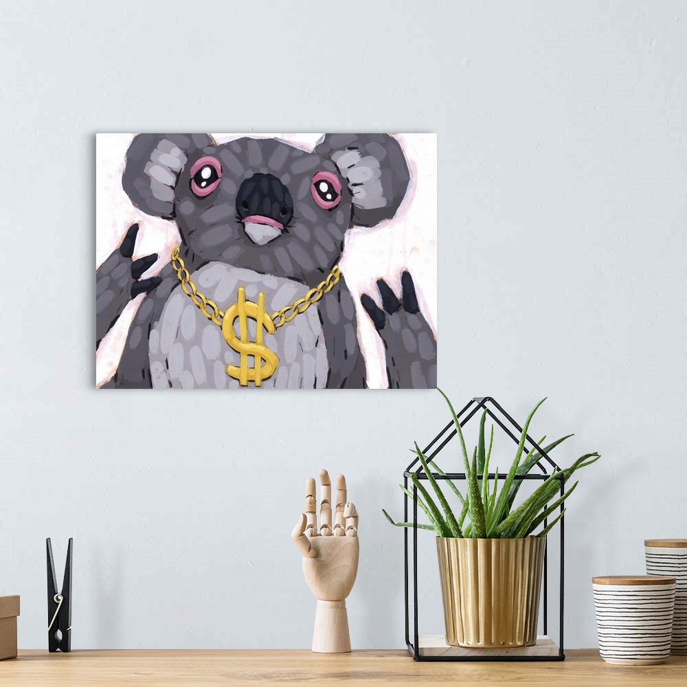 A bohemian room featuring Pop art painting of a koala wearing a large gold necklace with a dollar sign pendant.