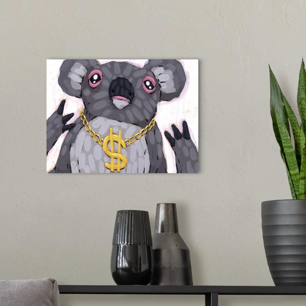 A modern room featuring Pop art painting of a koala wearing a large gold necklace with a dollar sign pendant.