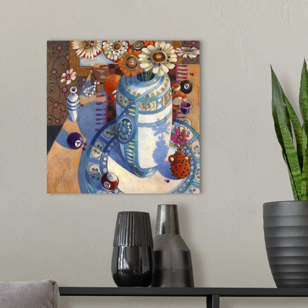 A modern room featuring Contemporary artwork of a still life of a vase and some flowers. With some billiard balls.