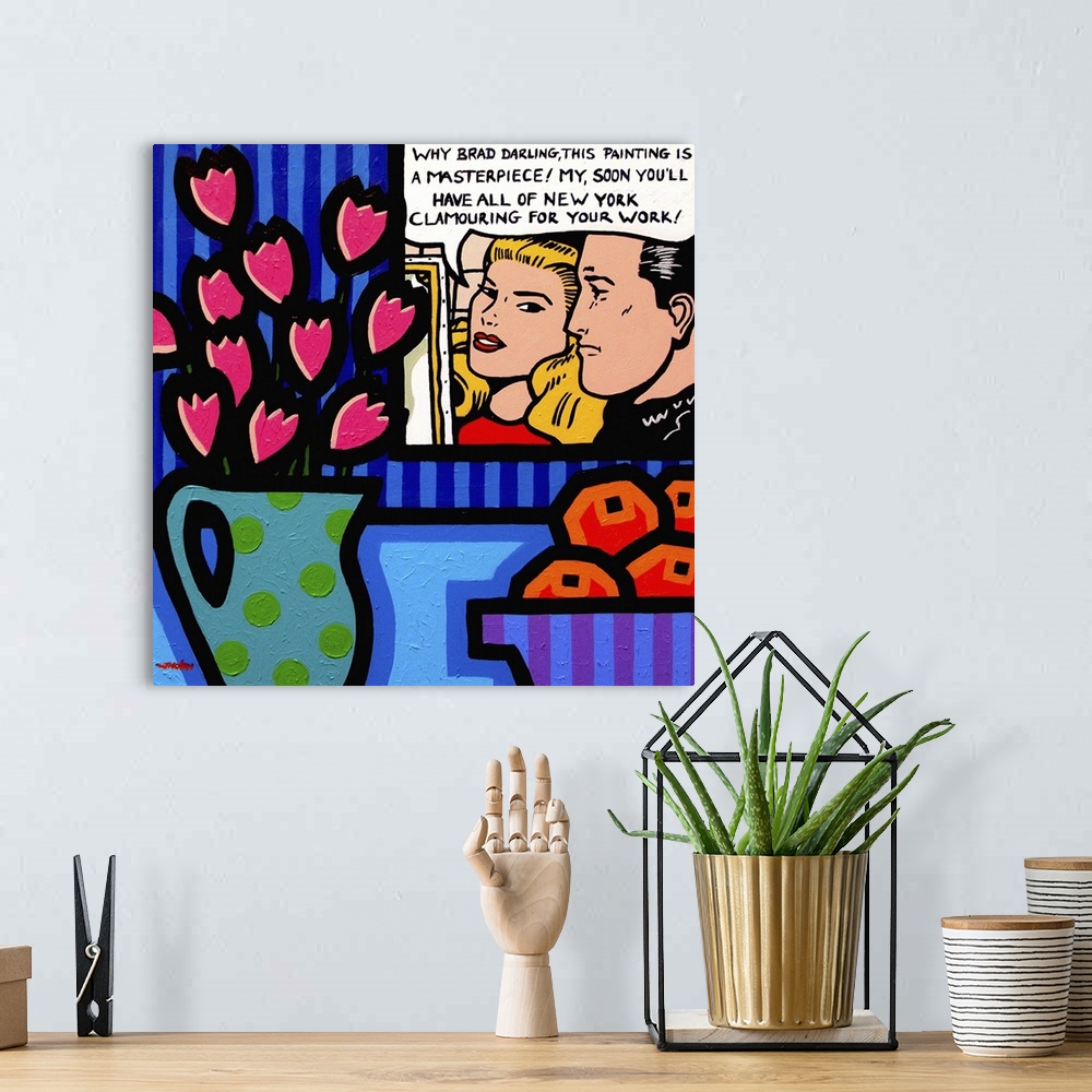 A bohemian room featuring Still Life With Lichtenstein, woman, fruit, flowers, comic