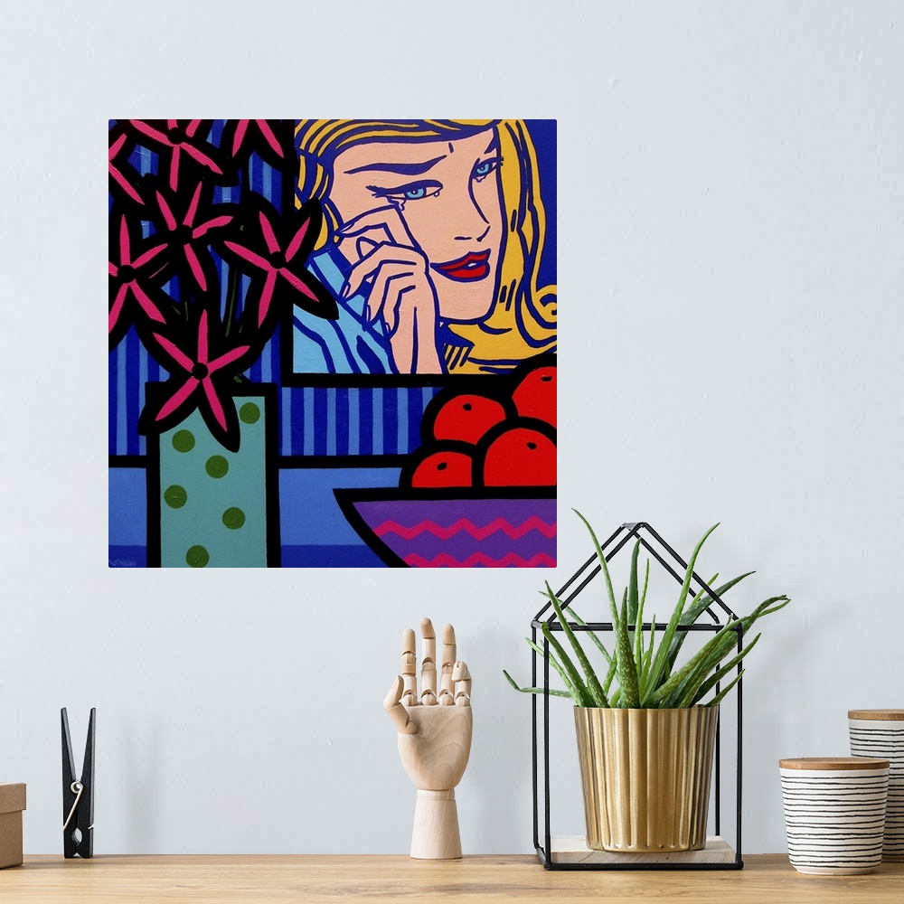 A bohemian room featuring Still Life With Lichtenstein Crying Girl, flowers, fruits