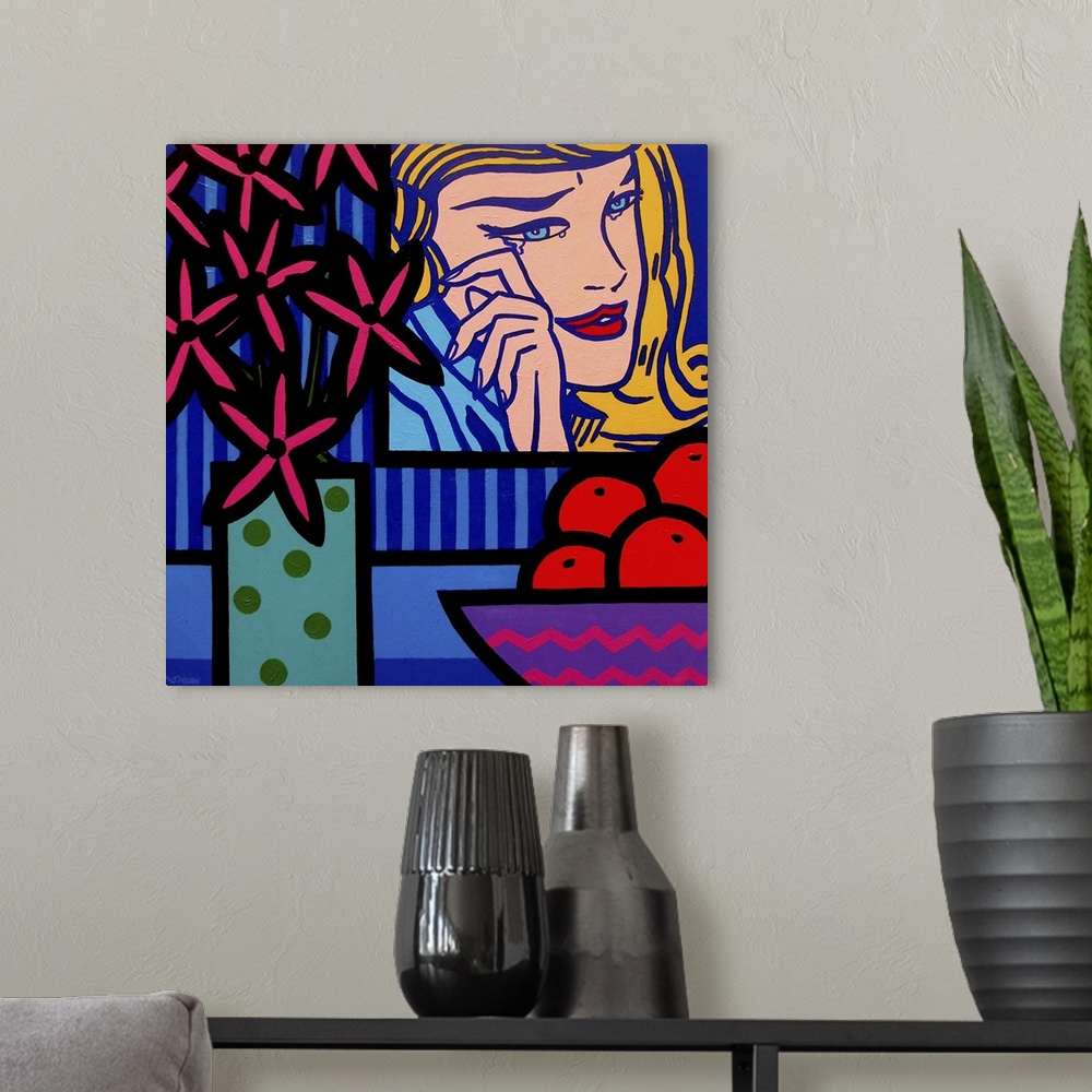 A modern room featuring Still Life With Lichtenstein Crying Girl, flowers, fruits
