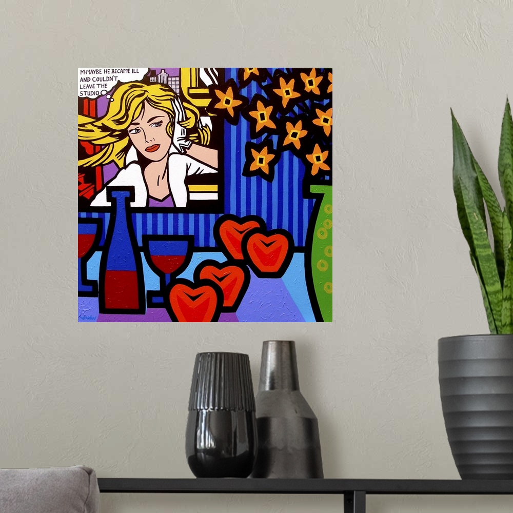 A modern room featuring Still Life With Lichtenstein 2, fruit, flowers, wine