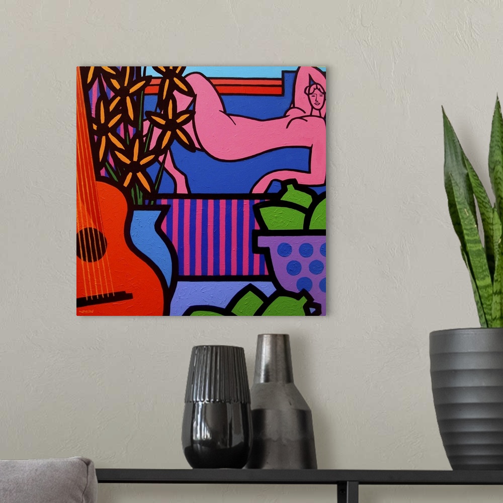 A modern room featuring Still Life With Matisse 1, guitar, lemons, fruits, woman