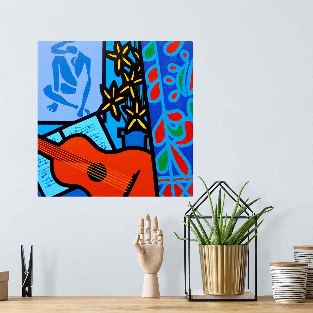A bohemian room featuring Still Life With Matisse 2, flowers, guitar, music