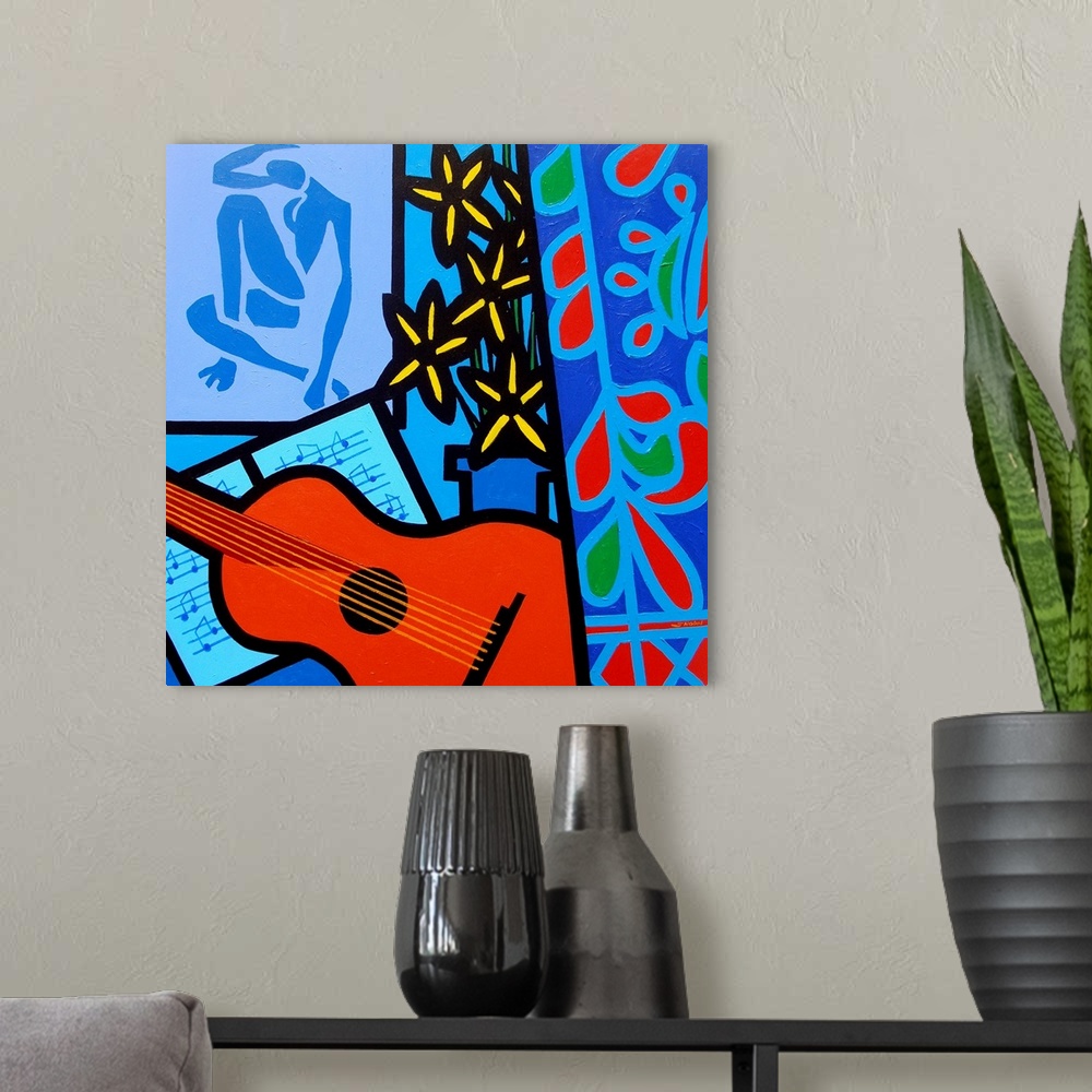A modern room featuring Still Life With Matisse 2, flowers, guitar, music