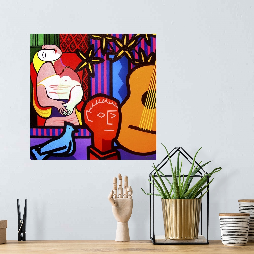 A bohemian room featuring Still Life With Picassos Dream, flowers, woman, bird