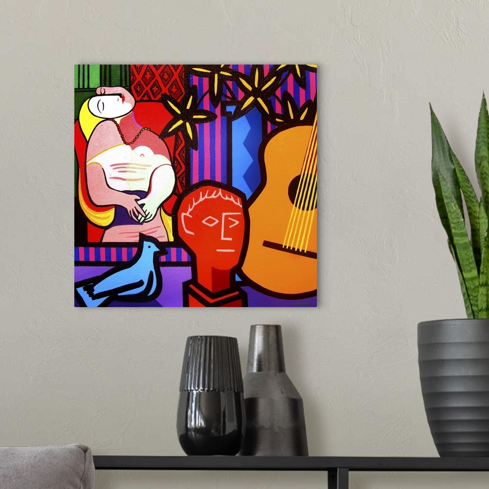 A modern room featuring Still Life With Picassos Dream, flowers, woman, bird