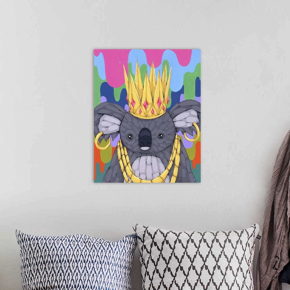 A bohemian room featuring Pop art painting of a koala wearing a crown and gold jewelry.