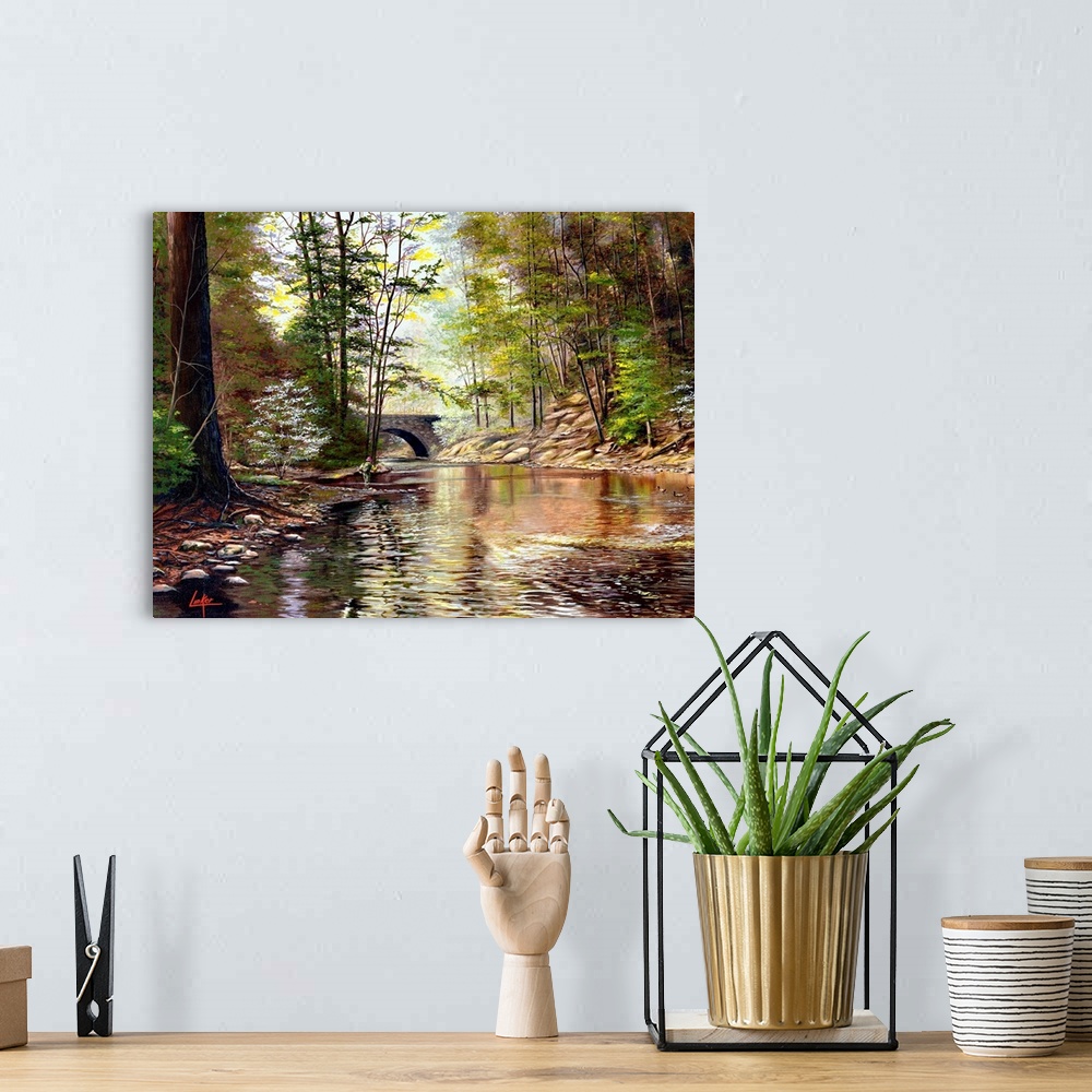 A bohemian room featuring Contemporary painting of a shallow river flowing calmly through a forest.