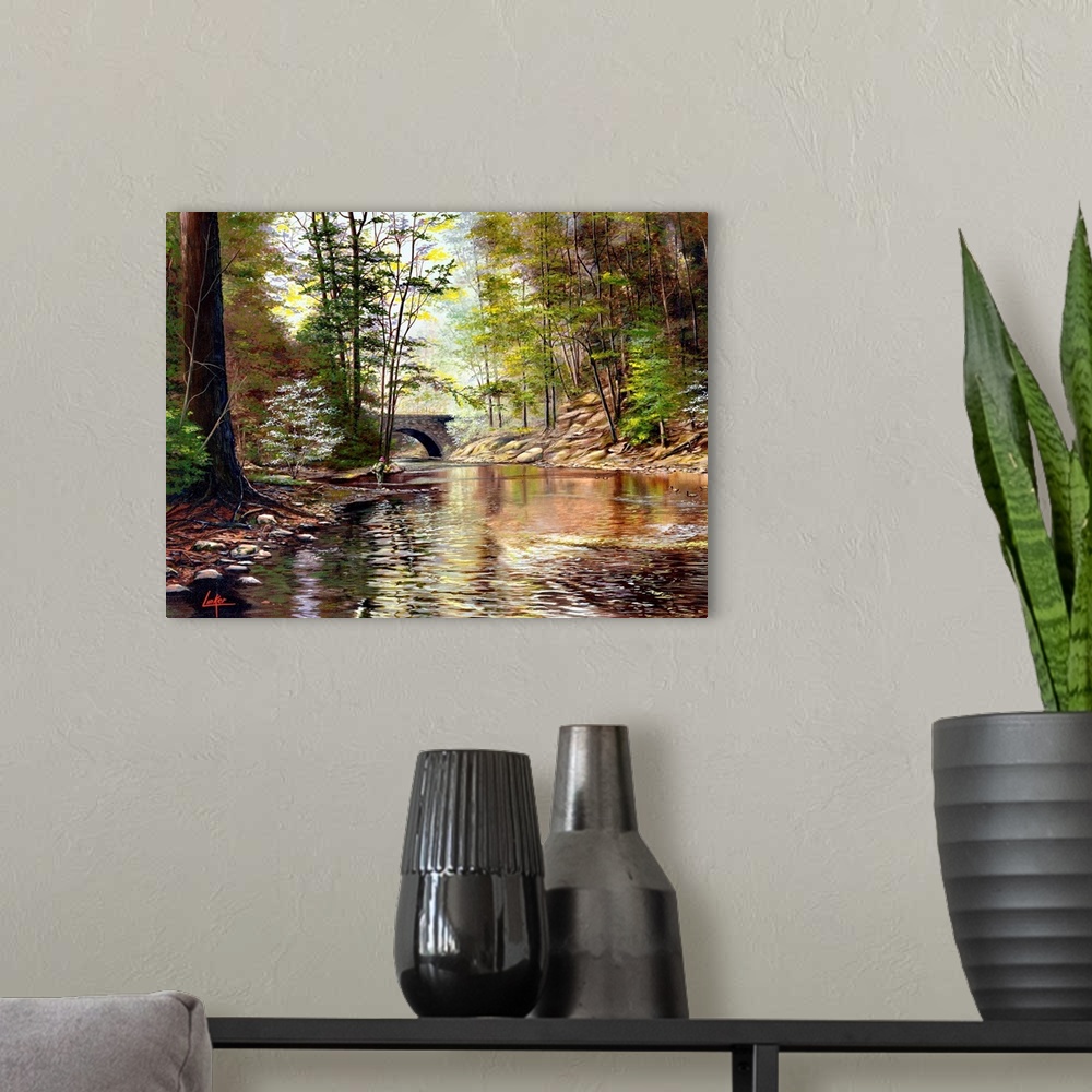 A modern room featuring Contemporary painting of a shallow river flowing calmly through a forest.