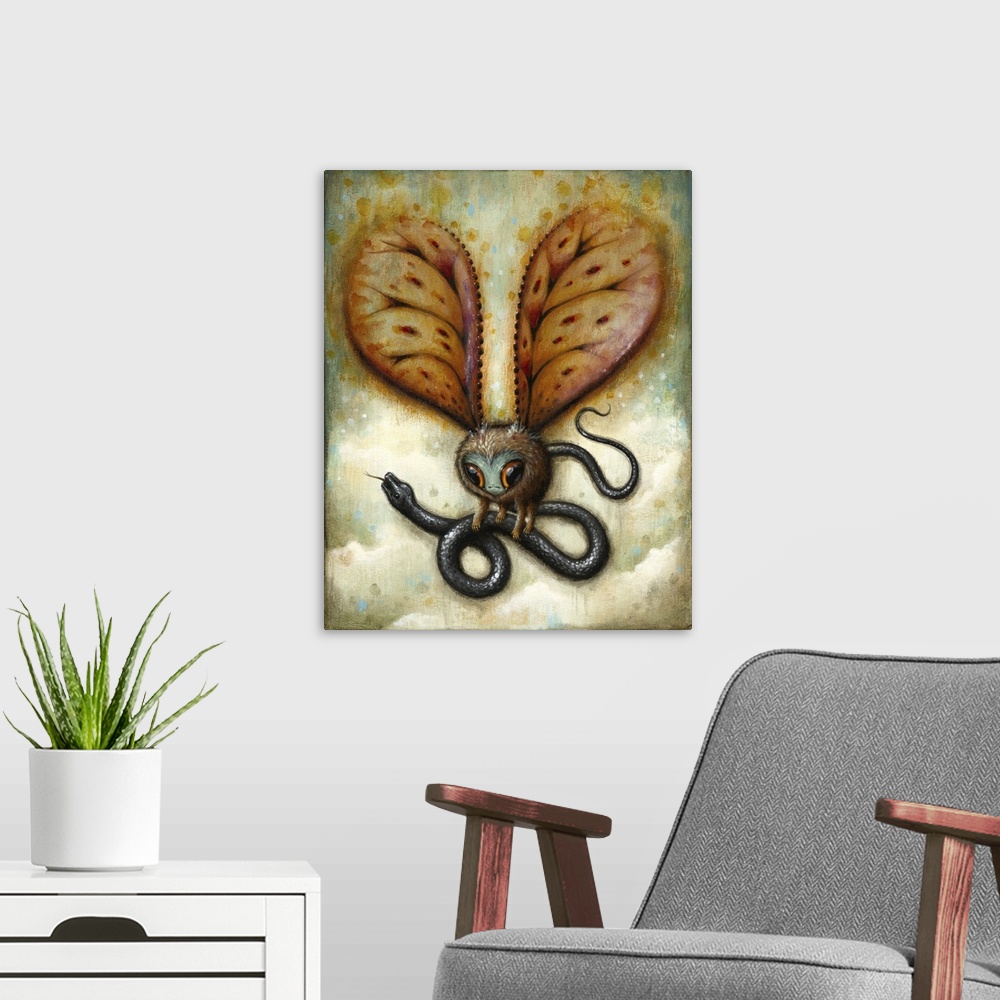 A modern room featuring Surrealist painting of a winged creature carrying a snake in the air.