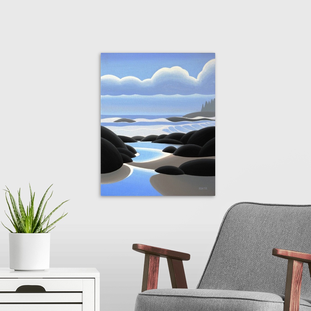 A modern room featuring Contemporary colorful painting of a wilderness coastline.