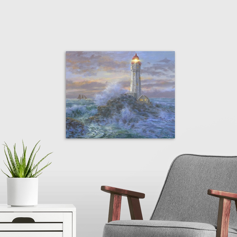 A modern room featuring Painting of lighthouse scene featuring glowing windows. Product is a painting reproduction only, ...