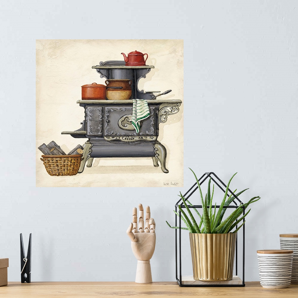 A bohemian room featuring Old fashioned stove with beanpot, teapot and towel.  Basket of wood on floor.
