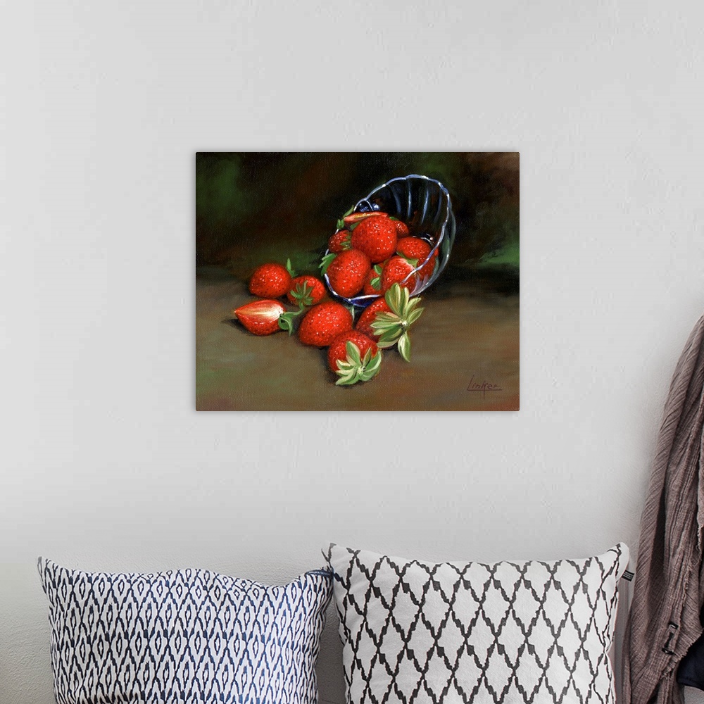 A bohemian room featuring Contemporary still life of a spilled bowl of strawberries.