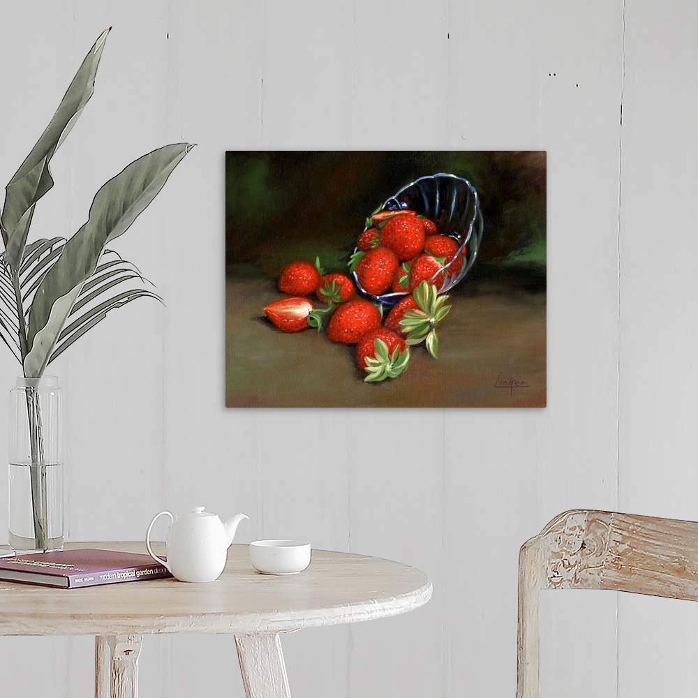 A farmhouse room featuring Contemporary still life of a spilled bowl of strawberries.