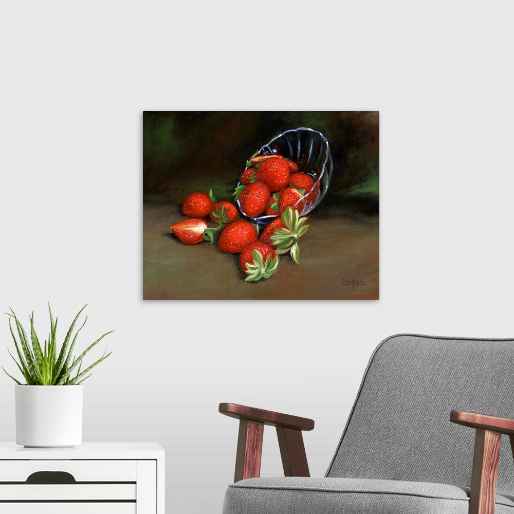 A modern room featuring Contemporary still life of a spilled bowl of strawberries.