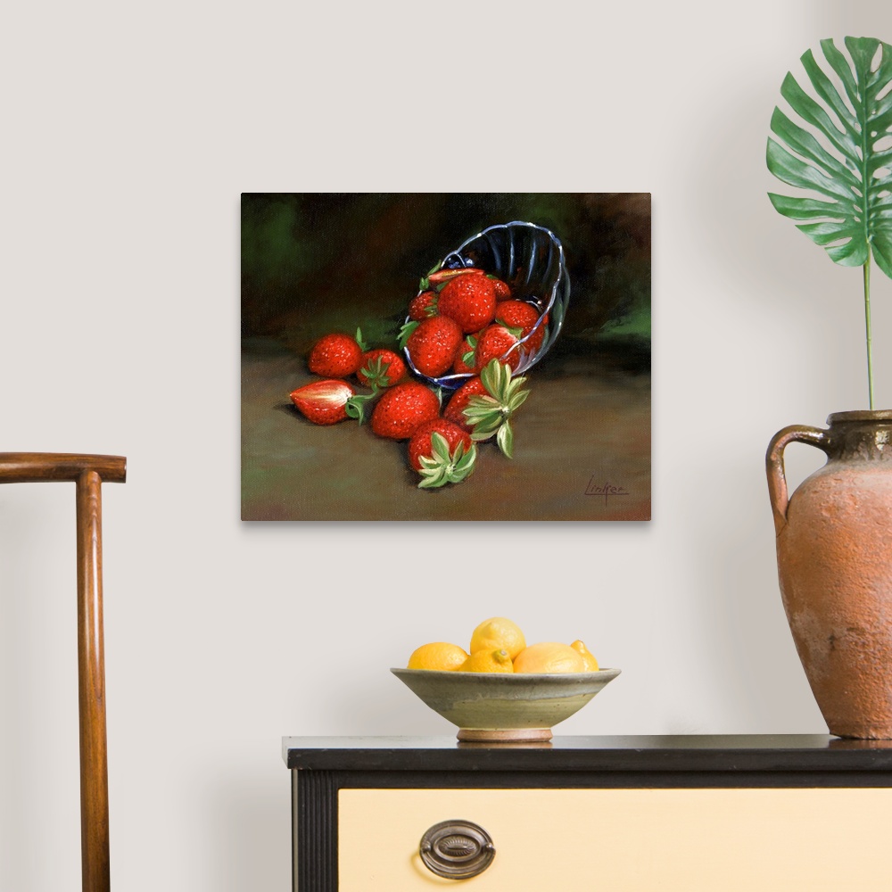 A traditional room featuring Contemporary still life of a spilled bowl of strawberries.