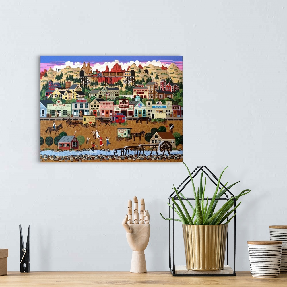 A bohemian room featuring Contemporary Americana painting of a countryside town.