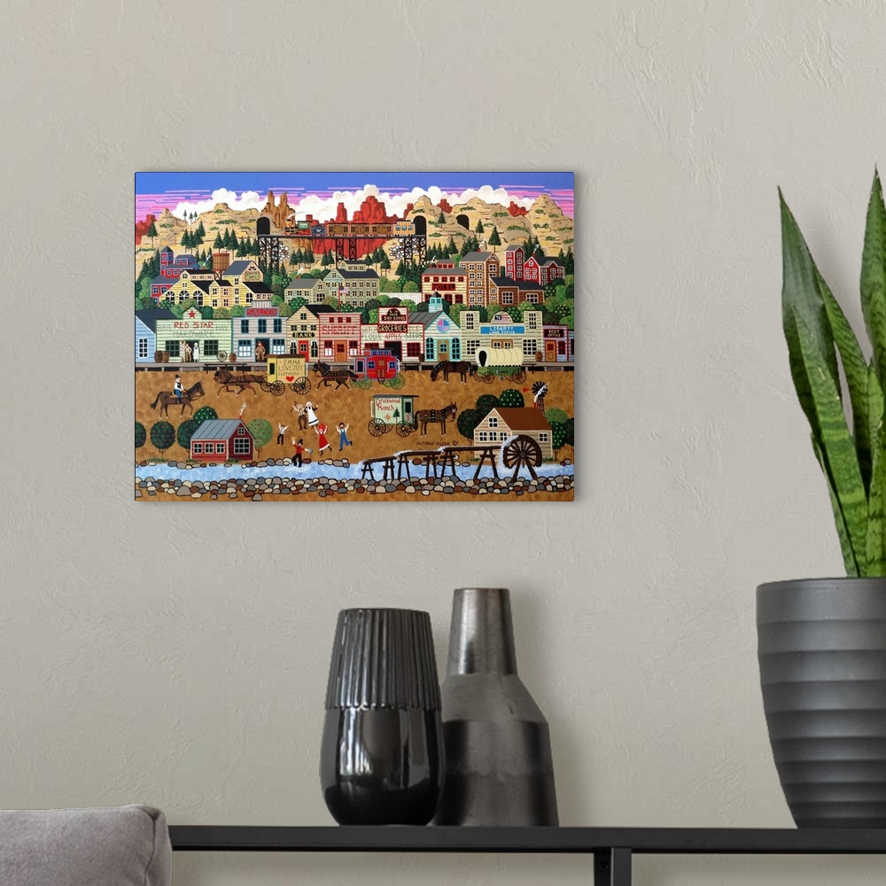 A modern room featuring Contemporary Americana painting of a countryside town.