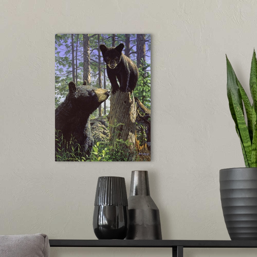 A modern room featuring A bear and her cub, cub on tree.
