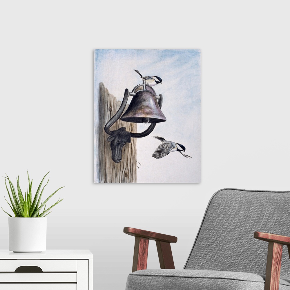 A modern room featuring Two chickadees, on perched on the bell and one flying away from it.