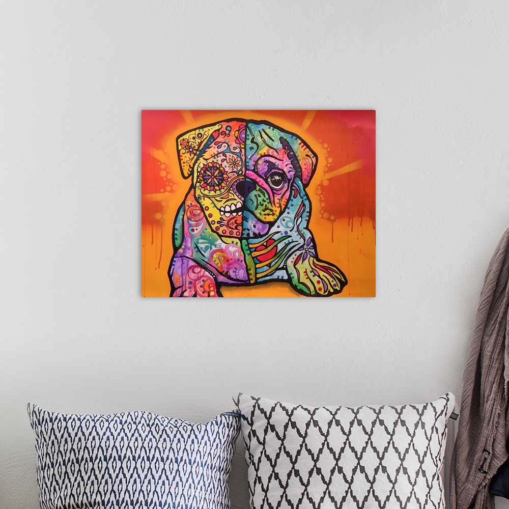 A bohemian room featuring Square painting of a colorful pug with a dia de los muertos skull painted on half of its face and...