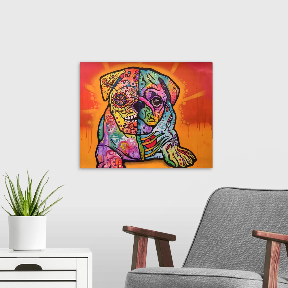A modern room featuring Square painting of a colorful pug with a dia de los muertos skull painted on half of its face and...