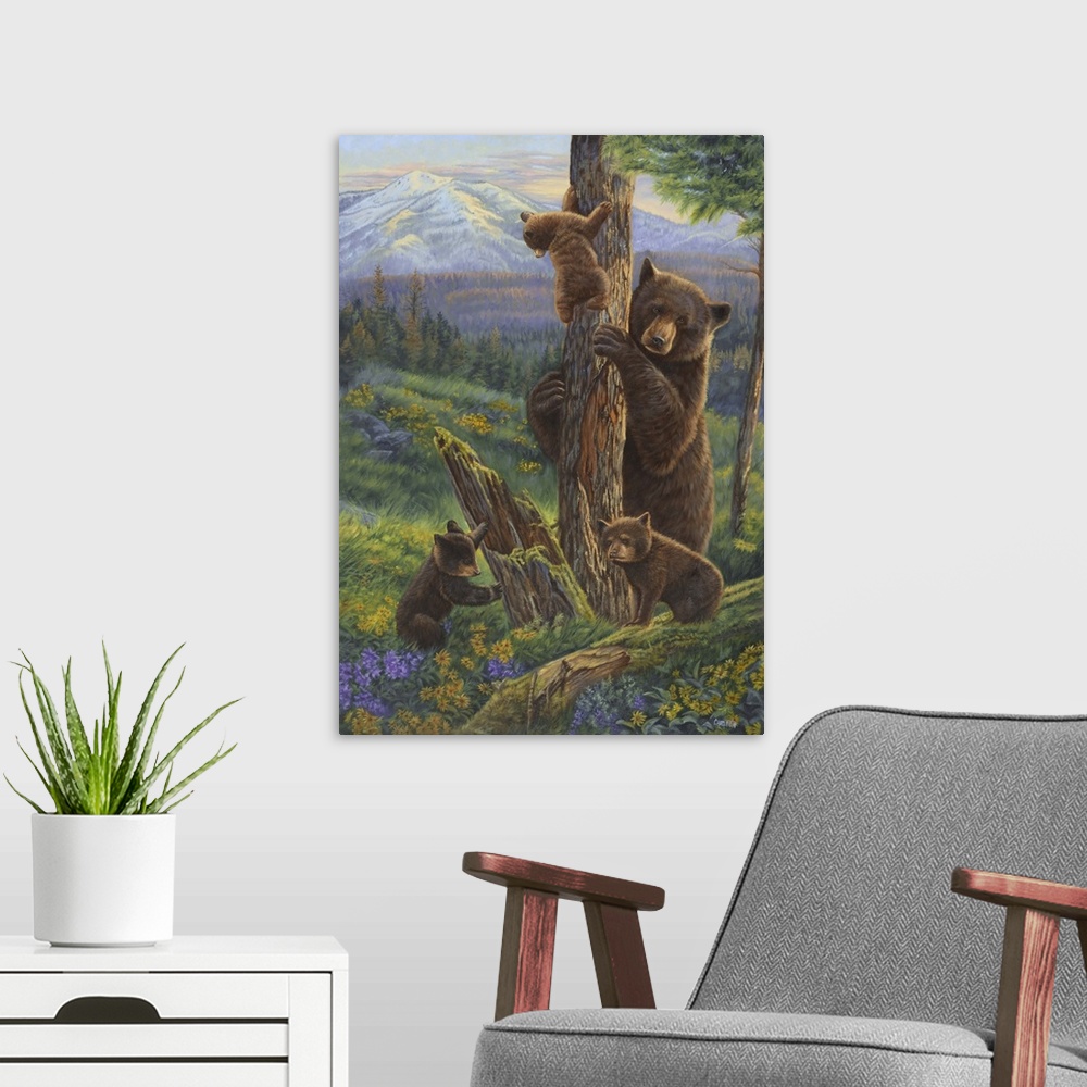 A modern room featuring Bears climbing on a tree