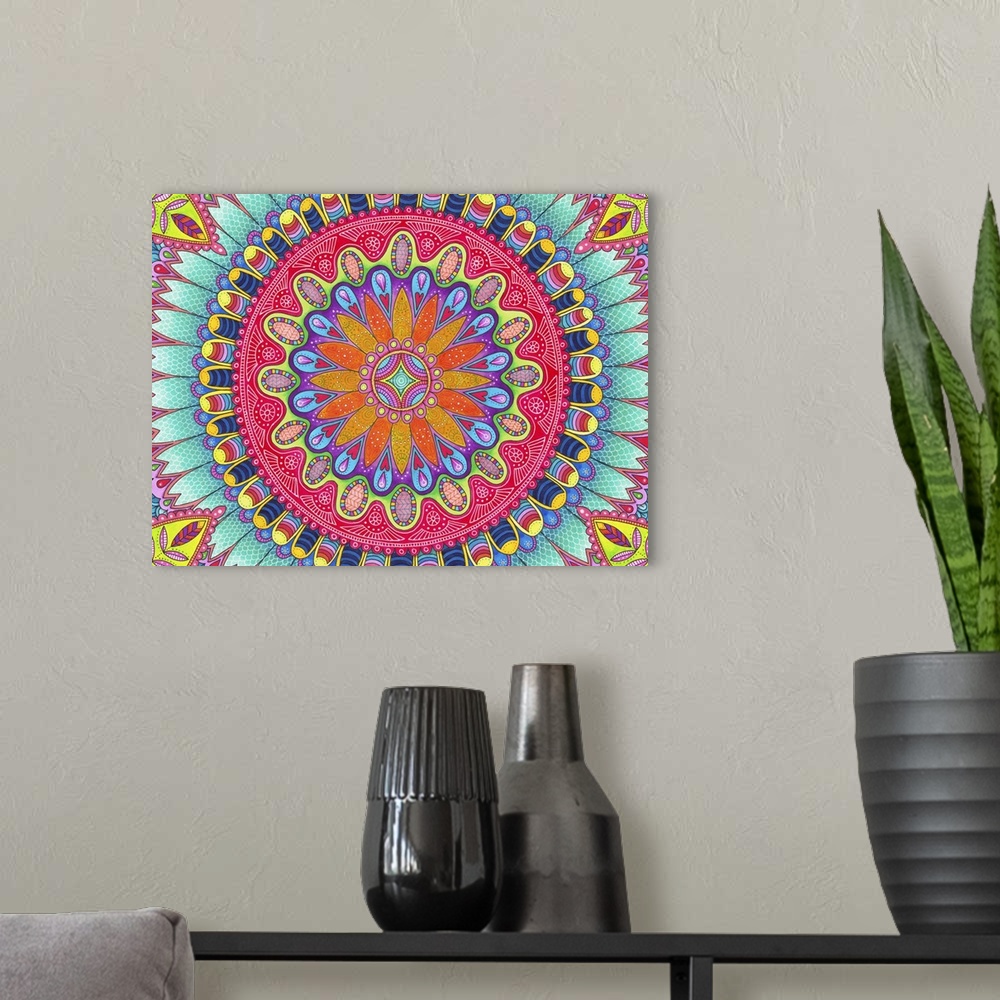 A modern room featuring Contemporary abstract artwork using bright vibrant colors and patterns.