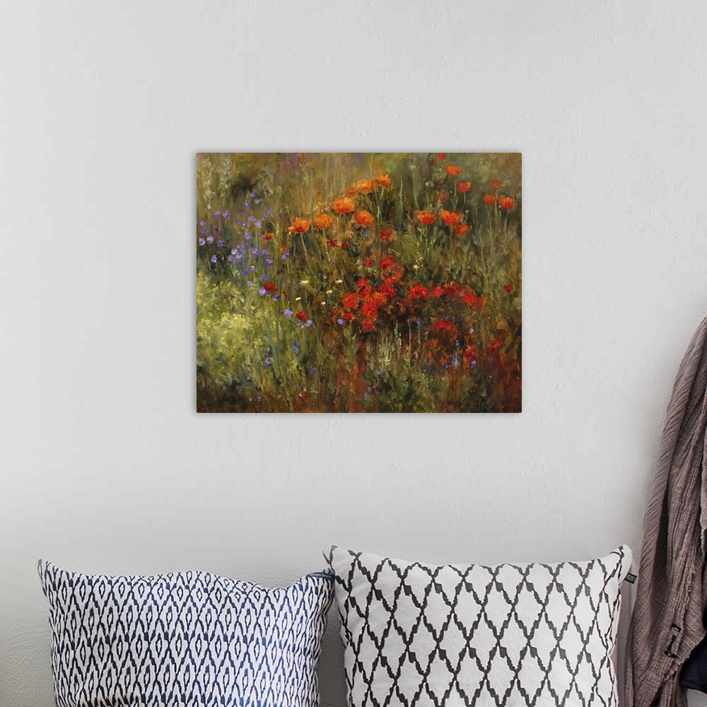 A bohemian room featuring Contemporary painting of an idyllic countryside scene with blossoming flowers.