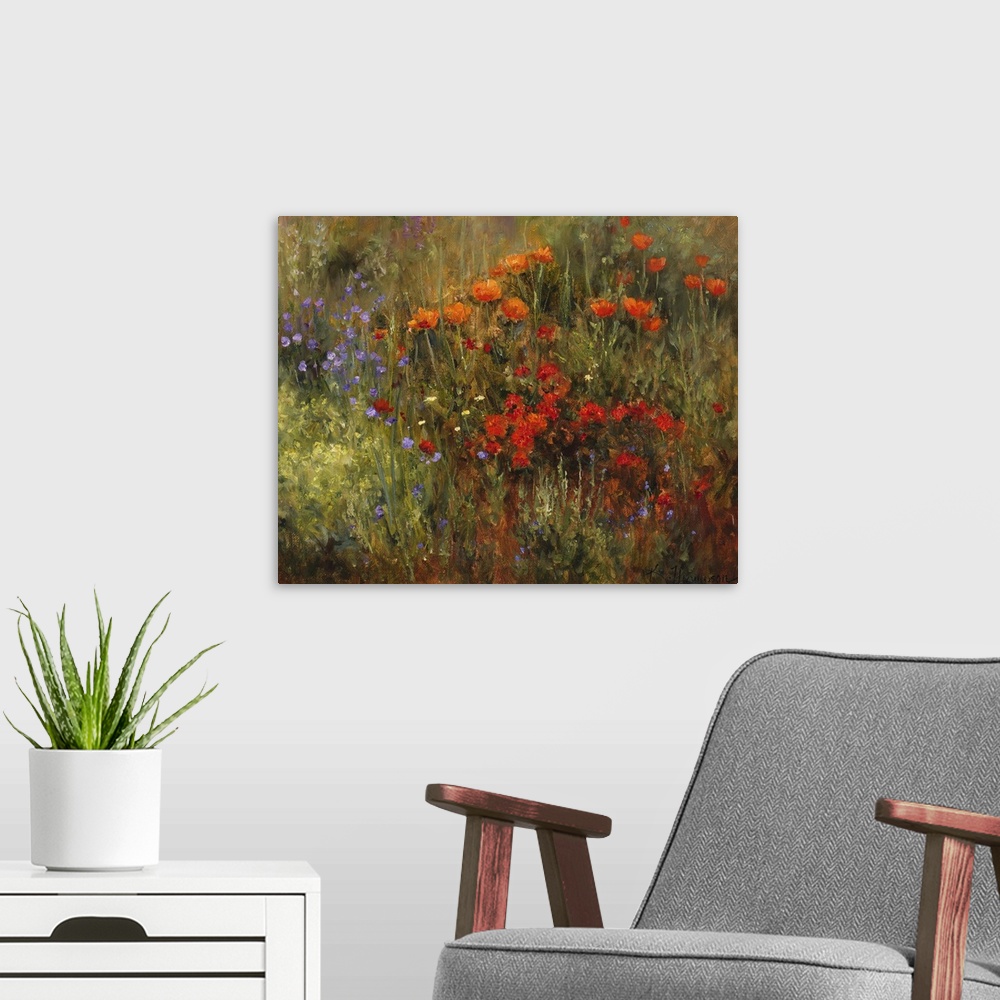 A modern room featuring Contemporary painting of an idyllic countryside scene with blossoming flowers.