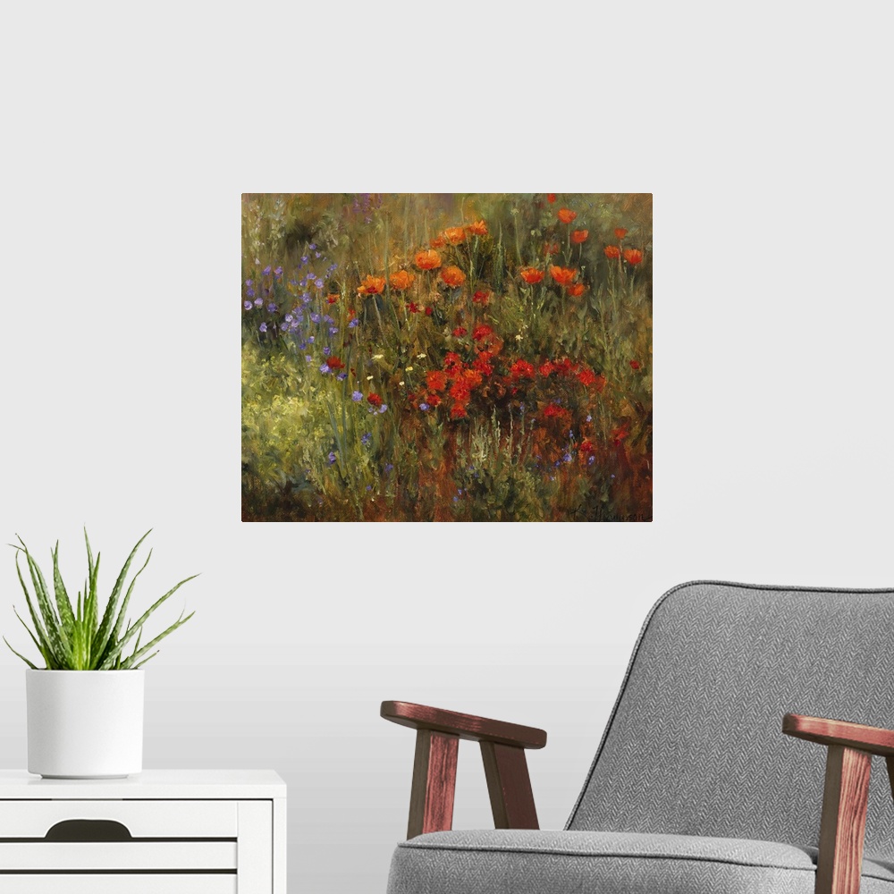 A modern room featuring Contemporary painting of an idyllic countryside scene with blossoming flowers.