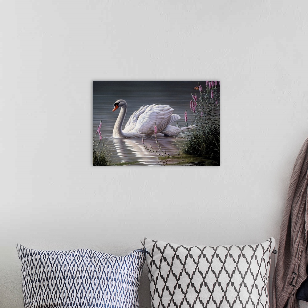 A bohemian room featuring Mute swan on a pond by some pink flowers.