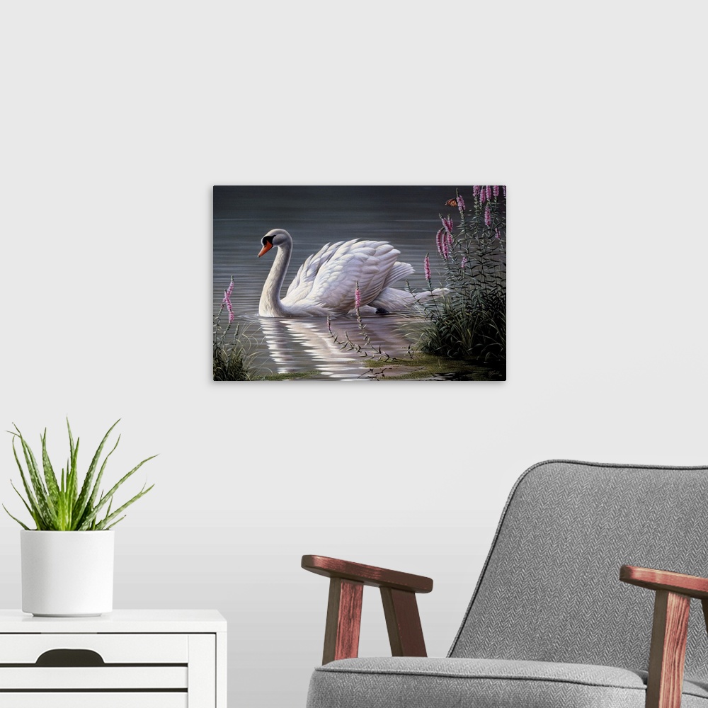 A modern room featuring Mute swan on a pond by some pink flowers.