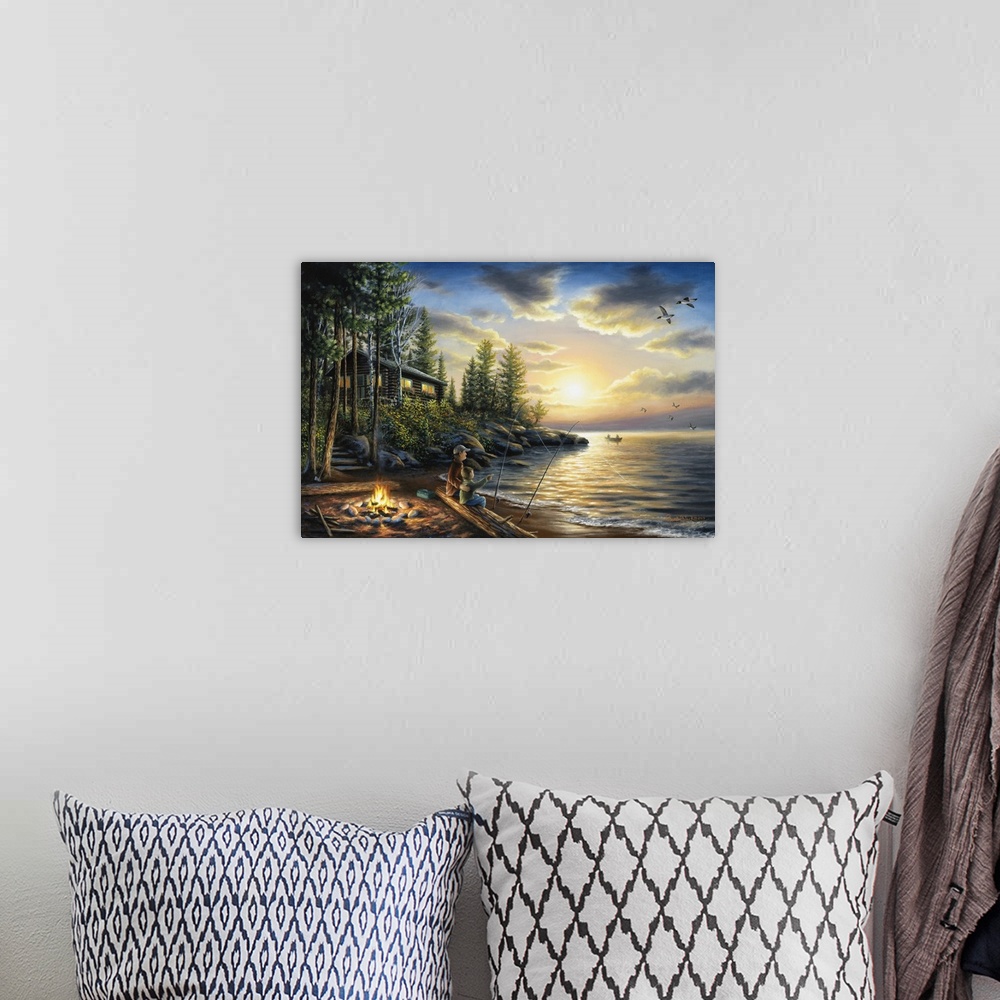A bohemian room featuring Contemporary painting of a man and his son fishing at sundown with a camp fire on a quiet lake by...