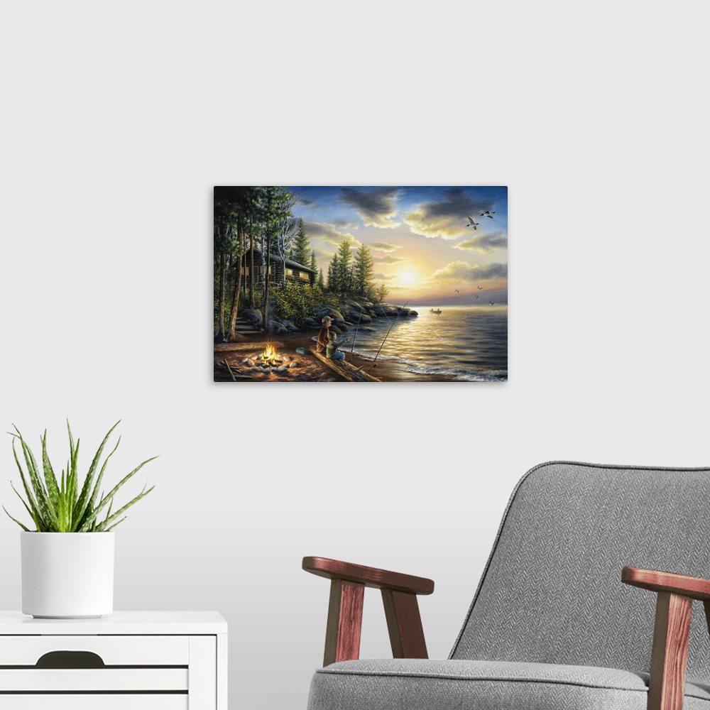 A modern room featuring Contemporary painting of a man and his son fishing at sundown with a camp fire on a quiet lake by...