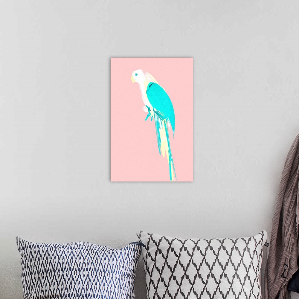 A bohemian room featuring Pop art of a pastel-colored parrot on a light pink background.