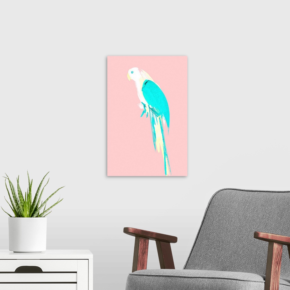 A modern room featuring Pop art of a pastel-colored parrot on a light pink background.