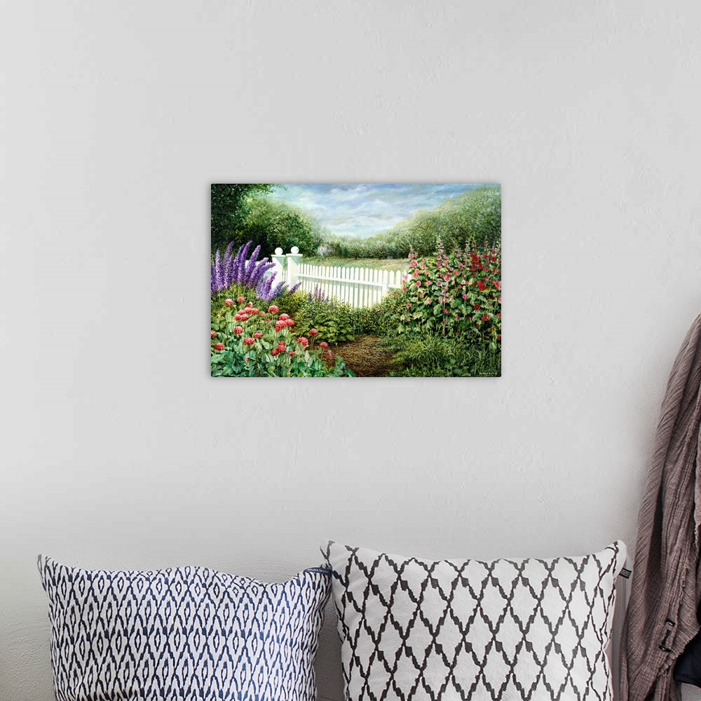 A bohemian room featuring Contemporary artwork of a flower garden in front of a white fence.