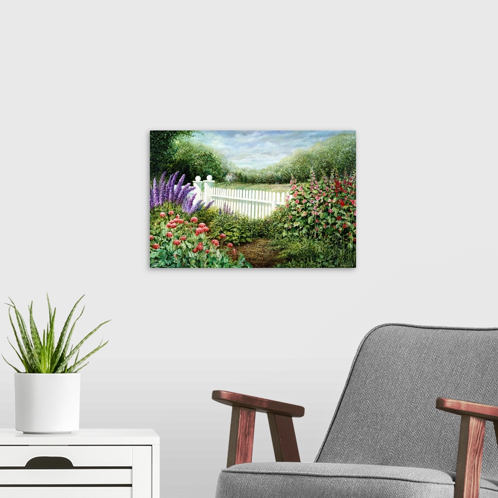 A modern room featuring Contemporary artwork of a flower garden in front of a white fence.
